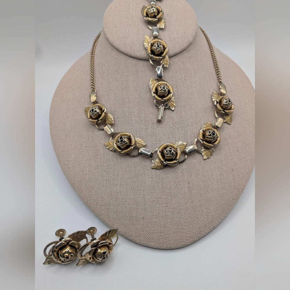 Vintage Estate Gold Tone Roses Demi Parure Jewelry Set